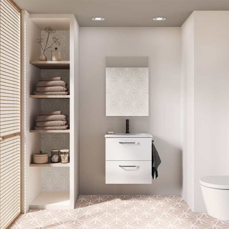 Mueble de baño HONE.  Blanco Brillo| Incluye lavabo cerámico y espejo.