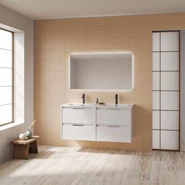 Mueble de baño SUKI de 120 cms con cuatro cajones. Acabado en Blanco Brillo. | Incluye lavabo cerámico y espejo.